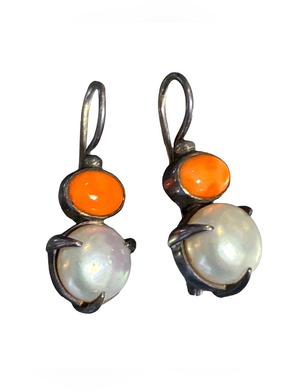 Vintage Sterling Silver Pearl & Coral Drop Earrings Estate Jewelry
